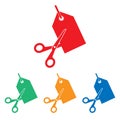 Scissors cutting price tag icon. Vector illustration, flat design. tag