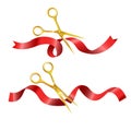 Scissors cutting red long ribbon set vector illustration Royalty Free Stock Photo