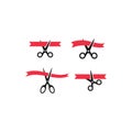 Scissors cutting red ribbon, inauguration event concept vector icon set.