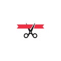 Scissors cutting red ribbon, inauguration event vector symbol.