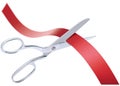 Scissors cutting red ribbon, isolated. Royalty Free Stock Photo