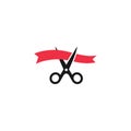 Scissors cutting red waved ribbon, inauguration ceremony event vector icon.