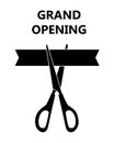 Scissors cutting the ribbon with announcement text Grand openong. Black icon isolated on white background. Vector