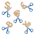 Scissors cutting symbols of currencies on vector illustration