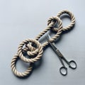 Scissors Cutting Thick Braided Rope Knot on Gray Background - Symbolizes Release Solution and Craftsmanship Seamless Loop and Royalty Free Stock Photo