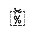 Scissors and discount percent - vector icon design. Cut line. Sale emblem.