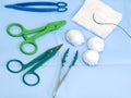 Scissors, forceps, surgical gauze, suture needle