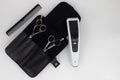 Scissors, hairbrush, hairclipper hairstyle set. barber set