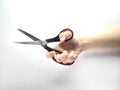 Scissors hand hold isolated white background male holding steel blade tool steel close object