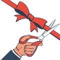 Scissors in hands of man cut red ribbon vector Royalty Free Stock Photo