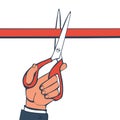 Scissors in hands of man cut red ribbon. Vector Royalty Free Stock Photo