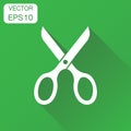 Scissors icon. Business concept scissor pictogram. Vector illustration on green background with long shadow.
