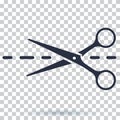 Scissors icon with cut line. Scissor vector illustration. Cut icon for clothes.