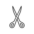 Scissors icon. Removal, cutting off excess. Linear tailor scissors with sharp ends. Black simple illustration of sewing studio,