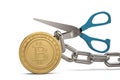 Scissors with iron chain and gold bitcoin.3D illustration.