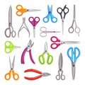 Scissors large set. Universal hairdressers blue kitchen garden scissors for metal nippers cutting, stationery long short Royalty Free Stock Photo