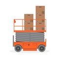 Scissors lift platform with cardboard boxes on white background Royalty Free Stock Photo