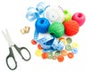 Scissors, meter, colored buttons, thimbles and thread