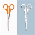 Scissors with orange plastic handles, closed, on a white background