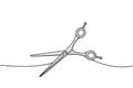 Scissors for pets grooming one line colored continuous drawing. Animals accessories, pet toy supplies continuous one