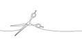 Scissors for pets grooming one line continuous drawing. Animals accessories, pet toy supplies continuous one line