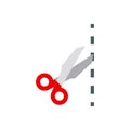 Scissors with a red handle cut along a dash-dotted line. Scissors, cut lines. Vector illustration. EPS 10.