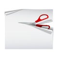 Scissors with red plastic handles cutting white paper sheet Royalty Free Stock Photo