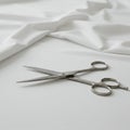 Scissors rest on a smooth, white fabric background. The metallic scissors are open Royalty Free Stock Photo