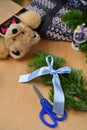scissors, ribbons and bags for wrapping New Year's gifts