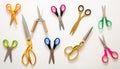 Scissors set on white background, Kids school or office supplies, tailor, barber equipment, top view Royalty Free Stock Photo