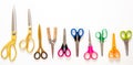 Scissors set on white background, Kids school or office supplies, tailor, barber equipment, top view Royalty Free Stock Photo