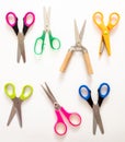 Scissors set on white background, School preschool supplies, top view Royalty Free Stock Photo