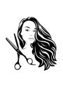 Scissors and silhouette of a beautiful girl with fluttering hair for beauty salons.