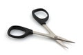 Small sharp scissors with black handles on a white background.