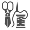 Scissors, spool and needle solid icon. Sewing vector illustration isolated on white. Tailoring glyph style design Royalty Free Stock Photo