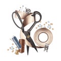 Scissors with a spool of satin ribbon, thread, sequins and needles. Sewing on a sewing machine. Watercolor illustration Royalty Free Stock Photo