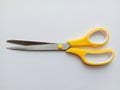 Scissors stainless steel yellow and white handle. Royalty Free Stock Photo