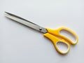 Scissors stainless steel yellow and white handle. Royalty Free Stock Photo