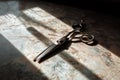 Scissors on surface with sunlight and shadows