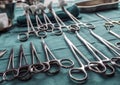 Scissors surgical with torundas in an operating theater, composition horizontal Royalty Free Stock Photo