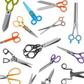 Scissors for tailors, barbers vector pattern. Illustration of thinning scissors, shears for beauty salons or shops Royalty Free Stock Photo