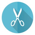 Scissors vector icon, flat design blue round web button isolated on white background Royalty Free Stock Photo