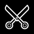 Scissors vector icon. White scissors illustration on black background. Outline linear beauty icon.