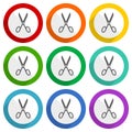 Scissors vector icons, set of colorful flat design buttons for webdesign and mobile applications Royalty Free Stock Photo