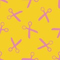 Scissors vector seamless pattern background. Cutting tool symbols pink yellow backdrop. Simple duotone illustration Royalty Free Stock Photo