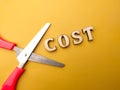 Scissors and wooden word with text COST Royalty Free Stock Photo
