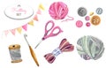 Scissors, yarn, buttons, balls of yarn.