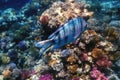 Scissortail sergeant fish Abudefduf sexfasciatus striptailed damselfish underwater, Tropical waters