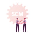 Scm, Supply Chain Management and Business Strategy Concept. Businesspeople Male Characters Shaking Hands