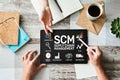 SCM - Supply Chain Management and business strategy concept on the screen. Royalty Free Stock Photo